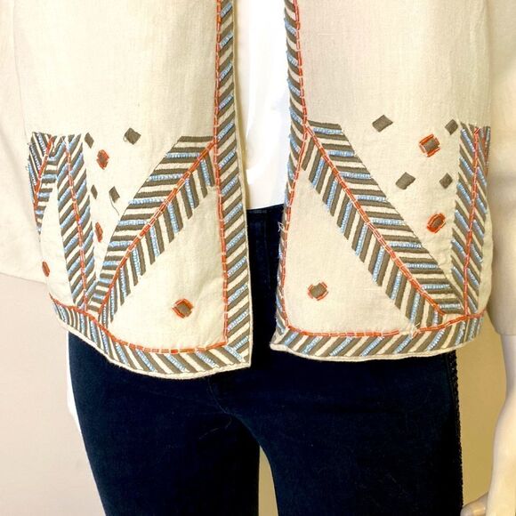 Chico’s Tan Cotton/Linen Jacket with Embroidery and Beading Large 14/16 … - Picture 4 of 9
